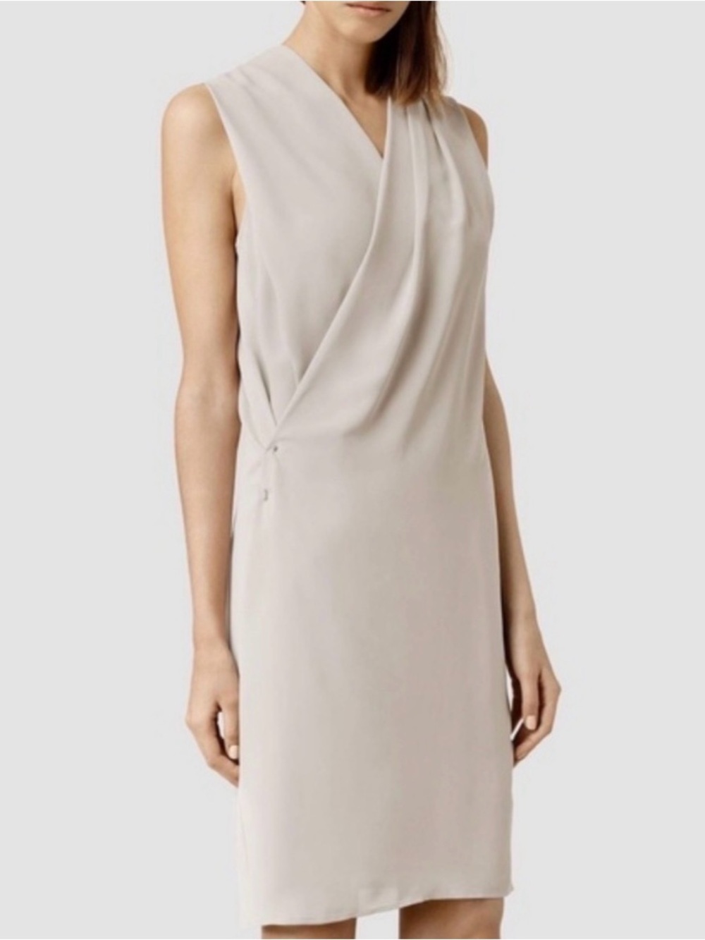 AllSaints Sleeveless Draped Midi Dress in Light Beige